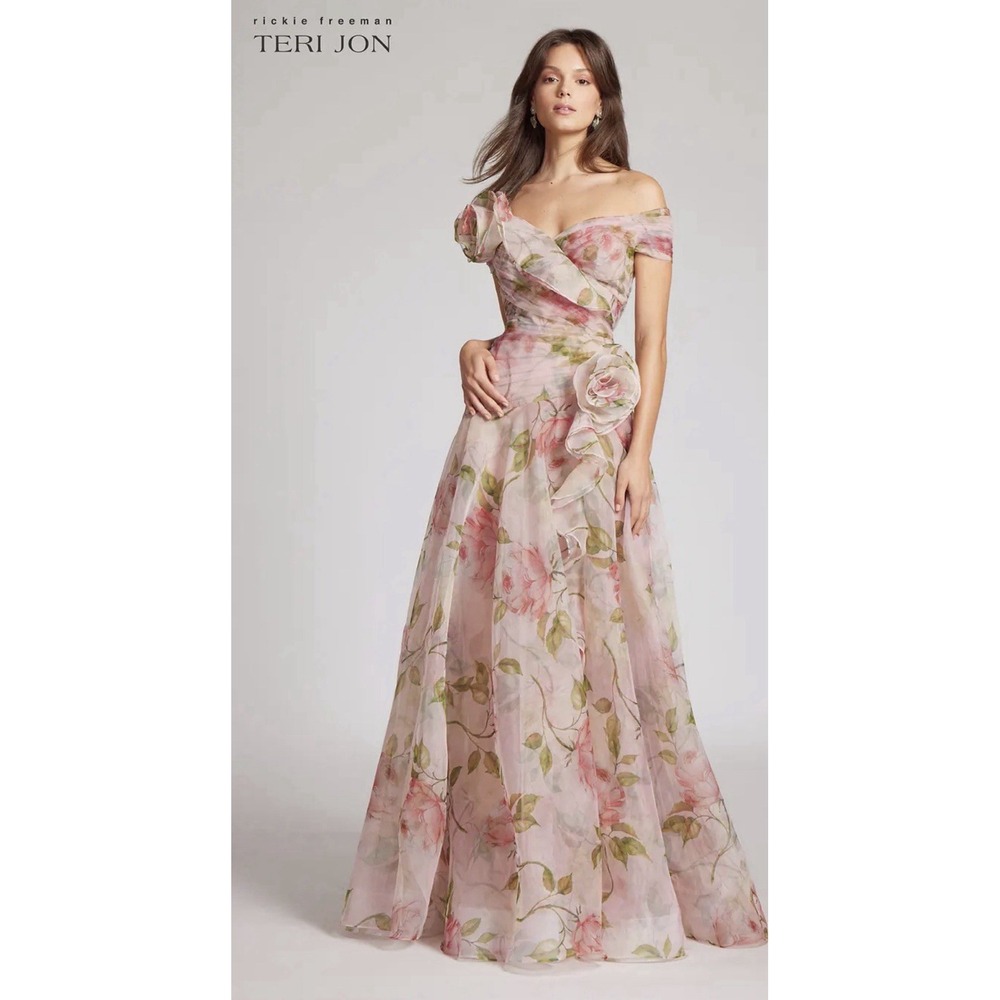 $1080 Teri Jon by Rickie Freeman Women's Off Shoulder Floral Organza Gown Sz 12
